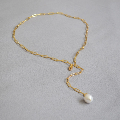 Collana a Catena a Graffetta in Rame Placcato Oro Con Pendente in Perla d'Acqua Dolce Gioielli a Forma di Y da Donna