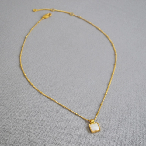 Collar de Latón Chapado en Oro Con Colgante Cuadrado de Malaquita y Perla de Agua Dulce Para Mujer Cadena Satélite Joyería