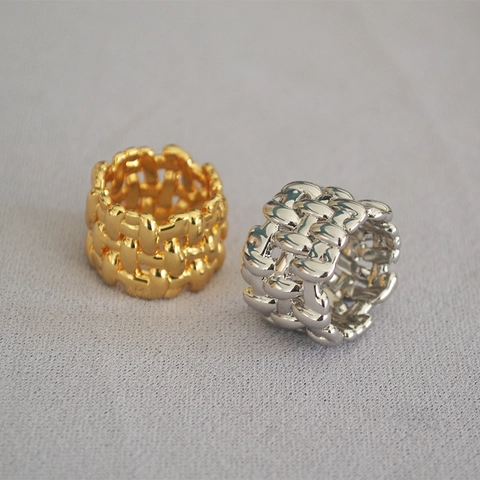Irregular Mesh Braided Brass 18K Gold Plated Wide Band Rings For Women Trendy Exaggerated Creative Finger Jewelry Gift
