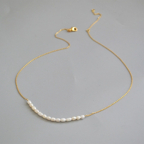 18K Gold Plated Copper Freshwater Rice Pearl Necklace For Women Elegant Smiley Arc Pearl Clavicle Chain Daily Jewelry
