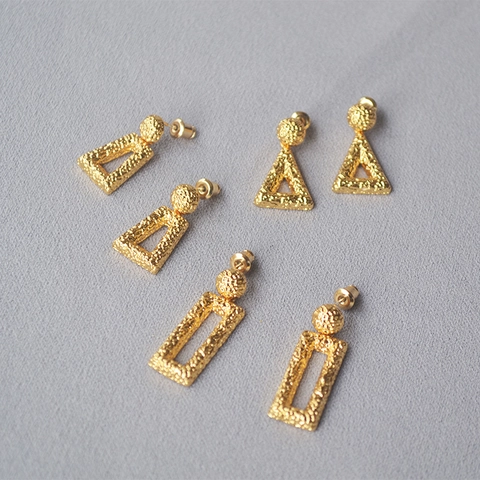 Brass Geometric Stud Earrings With 925 Sterling Silver Earring Post Hammered Texture Gold Rectangle Triangle Trapezoid Earrings For Women