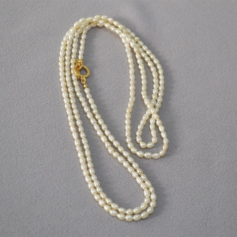 Elegante Collar Largo Francés de Perlas de Agua Dulce de Arroz Con Hebilla OT de Latón Dorado Cadena de Suéter para Mujer