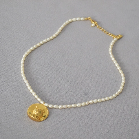 Vintage Messing Vergoldet Katzenkopf Münze Relief Anhänger Süßwasser Reisperle Halskette Für Damen Handgemachte Tier Mode Schmuck Geschenk