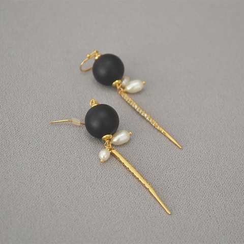 Baroque Freshwater Pearl Black Bead Long Tassel Drop Earrings For Women Brass Zirconia Gold Plated Elegant Vintage Jewelry