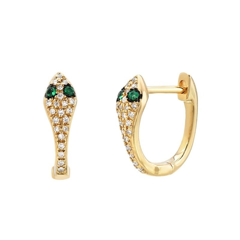 Pendientes Huggie de Serpiente de Latón Bañados en Oro de 18K con Ojos Verdes Circonia Joyas de Moda para Mujer