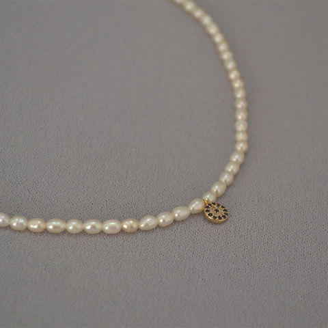 Collana di Perle d'Acqua Dolce Elegante Vintage Francese per Donna Pendente in Lega Placcata Oro Malocchio Zirconia
