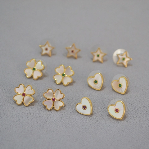 Vintage Messing Parelmoer Oorknopjes Met 925 Sterling Zilver Stift Zirconia Ingelegde Klaver Hart Ster Oorbellen Voor Vrouwen