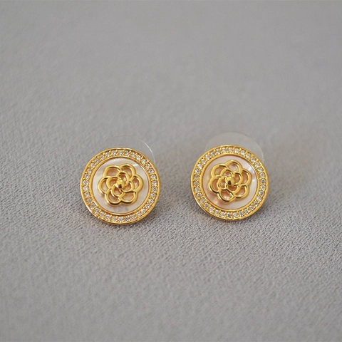 Pendientes de Botón de Camelia de Latón Chapado en Oro 18K Vintage Con Incrustación de Circonia y Nácar Poste Plata 925