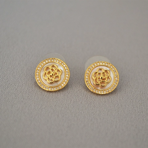 Pendientes de Botón de Camelia de Latón Chapado en Oro 18K Vintage Con Incrustación de Circonia y Nácar Poste Plata 925