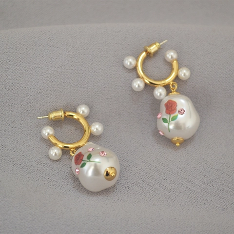 French Retro Baroque Irregular Artificial Pearl Rose Print Earrings With 925 Sterling Silver Post Gold Plated Jewelry