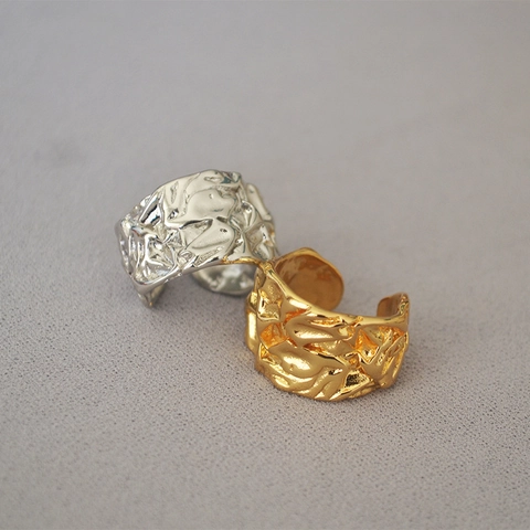 Vintage Unregelmäßige Lavatextur Offener Ring Für Damen Gehämmert Messing 18K Vergoldet Breit Verstellbar Fingerring Schmuck Geschenk