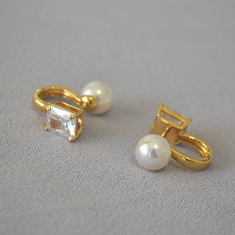 Pendientes de Aro de Latón Chapado en Oro de 18K con Circonia Rectangular y Perla Artificial de Doble Cara para Mujer Joyería