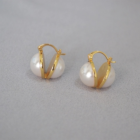 Elegantes Pendientes de Aro de Cobre Chapados en Oro Vintage Francés Con Perla Artificial Redonda Grande Joyería Mujer