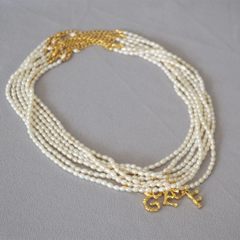 French Elegant Freshwater Pearl Initial Letter Pendant Necklace 18K Gold Plated Brass Bamboo Texture Jewelry For Women Gift