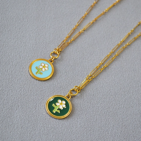 Vintage Messing Handgefertigte Emaille Blume Anhänger Halskette Gold Gänseblümchen Floral Rund Kette Damen Schmuck