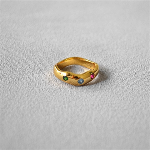 Niche Design Irregular Wavy Copper Ring For Women Gold Plated Multicolor Zirconia Exotic Style INS Fashion Finger Ring