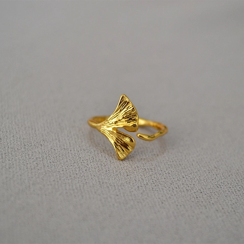 Anillo Abierto de Cobre Chapado en Oro Vintage Hoja de Ginkgo para Mujer Ajustable Diseño Botánico Joyería de Moda Artística