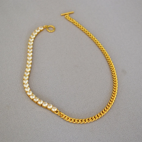 Collar de Latón Asimétrico para Mujer Eslabones Cubanos y Cadena Tennis de Circonia Con Cierre Toggle Joyería Minimalista