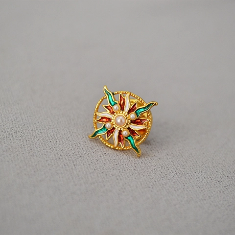 Spilla Fiore a Raggio di Sole Vintage in Ottone Placcato Oro Smalto Perla Artificiale Spilla da Colletto per Donna Gioielli