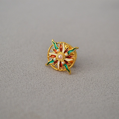 Spilla Fiore a Raggio di Sole Vintage in Ottone Placcato Oro Smalto Perla Artificiale Spilla da Colletto per Donna Gioielli