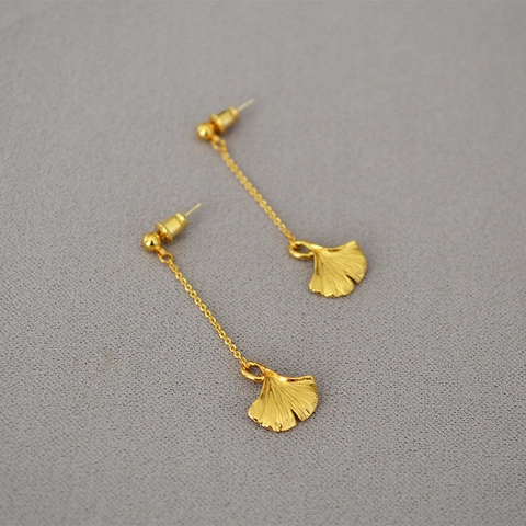 Vintage Orecchini Pendenti Foglia di Ginkgo in Ottone Placcato Oro Con Perno in Argento Sterling 925 Gioielli Donna