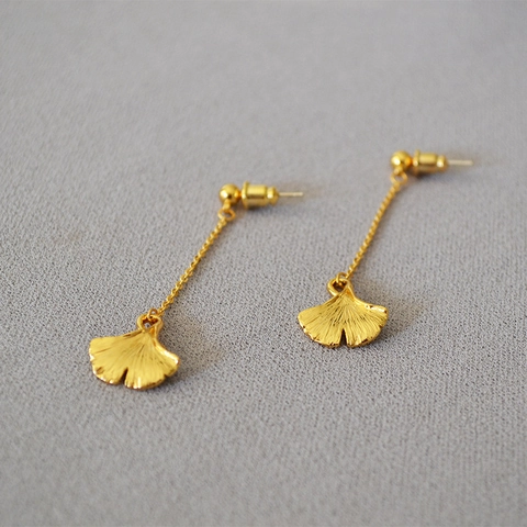 Vintage Orecchini Pendenti Foglia di Ginkgo in Ottone Placcato Oro Con Perno in Argento Sterling 925 Gioielli Donna