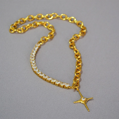 Collar de Cadena de Empalme de Diamantes de Imitación de Aleación de Cobre con Colgante de Cruz Estrella de Cuatro Puntas Joyería Oro Platino