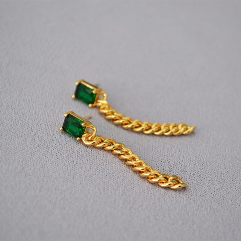 Pendientes de Botón Colgantes de Cadena Larga Con Piedras Preciosas Negro Verde Esmeralda Vintage para Mujer Poste de Plata 925 Joyería de Latón Chapado en Oro