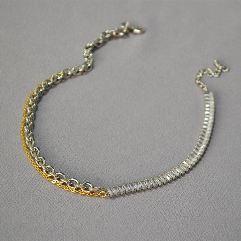 Süße Coole Gold Silber Zweifarbige Genähte Kette Halsband Halskette Damen Kupfer Legierung Rechteckige Strass Pavé Schlüsselbein Kette Schmuck