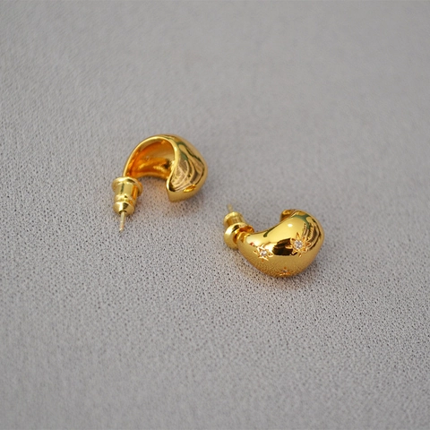 Pendientes de Botón de Latón Barroco Irregular Diseño Coreano Con Poste de Plata de Ley 925 Circonia Incrustada Oro