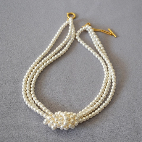 Collana di Perle Artificiali Multistrato Francese Vintage da Donna Elegante Stile Socialite in Lega con Perle Annodate