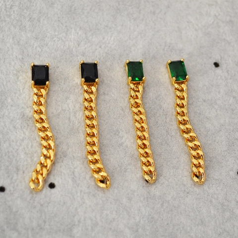 Pendientes de Botón Colgantes de Cadena Larga Con Piedras Preciosas Negro Verde Esmeralda Vintage para Mujer Poste de Plata 925 Joyería de Latón Chapado en Oro