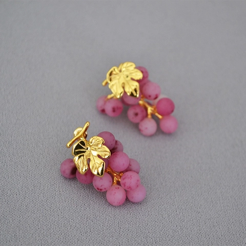 Pendientes de Botón con Forma de Uva de Estilo Pastoral para Mujer Latón Chapado en Oro Resina Pendientes de Hoja de Fruta Joyería Regalo
