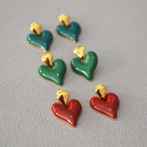 Orecchini a Bottone a Cuore in Smalto Vintage Con Perno in Argento Sterling 925 Rame Placcato Oro Gioielli Colorati per Donna