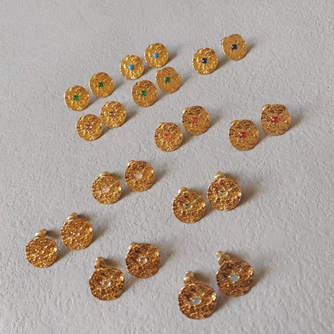 Vintage Hammered Texture Copper Stud Earrings With 925 Sterling Silver Earring Post Colorful Rhinestone Birthstone Jewelry