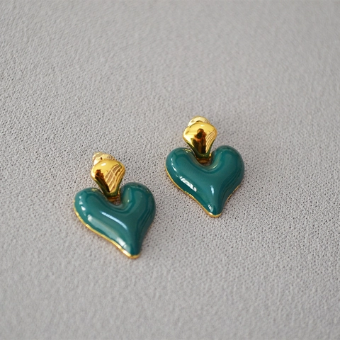 Orecchini a Bottone a Cuore in Smalto Vintage Con Perno in Argento Sterling 925 Rame Placcato Oro Gioielli Colorati per Donna