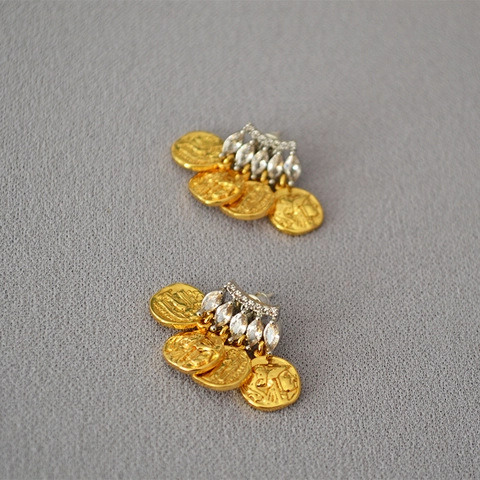 French Retro Greek Portrait Coin Earrings Inlaid Zirconia 925 Sterling Silver Post Brass Gold Silver Contrast Jewelry Women