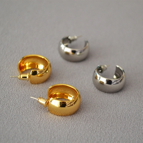 Orecchini a Cerchio Chunky a Forma di C da Donna Minimalisti in Ottone Placcato Oro Argento Con Perno in Argento Sterling 925