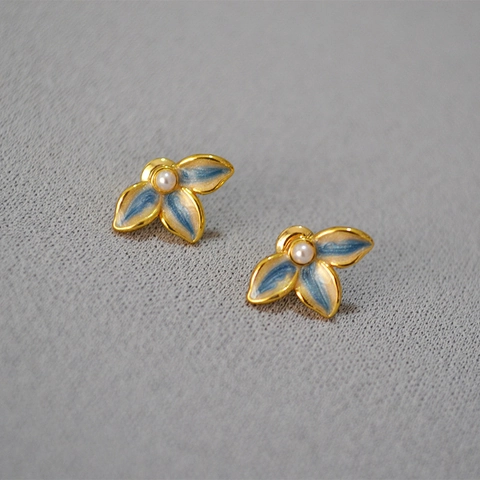 Boucles d'Oreilles Clous Feuille en Émail Élégantes Avec Tige en Argent Sterling 925 Perle Artificielle Bijoux en Cuivre