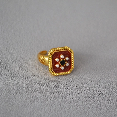 Vintage Palaststil Kupfer Blume Offener Ring Rote Emaille Künstliche Perle Strass Verstellbarer Zeigefingerring Für Damen