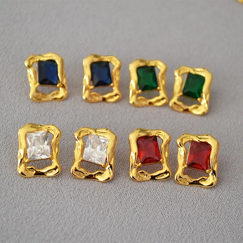 Orecchini a Bottone Retrò Francese in Ottone Placcato Oro 18K Zirconia Vetro Rettangolare Con Perno in Argento Sterling 925 Donna