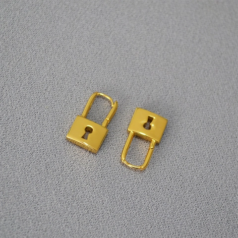 Orecchini a Cerchio con Lucchetto in Ottone Placcato Oro Stile Coreano con Zirconia Splendente e Piccolo Lucchetto a Doppia Faccia per Donna