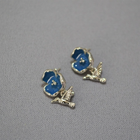 Orecchini a Bottone Retrò Morandi Blu con Fiori e Uccelli con Perno in Argento 925 Gioielli in Ottone Smaltato da Donna