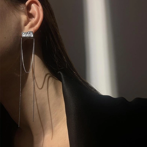 Asymmetric Long Tassel Drop Earrings For Women Niche Minimalist Copper Jewelry Hammered Texture Platinized Minimalist Earrings With 925 Sterling Silver Post