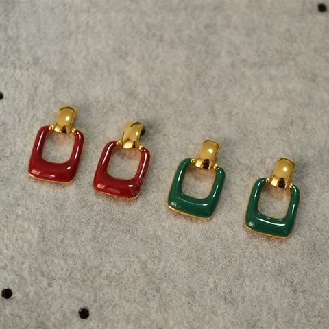Pendientes de Botón Rectangulares de Esmalte Retro Francés Con Poste de Plata de Ley 925 Joyería de Pendientes de Cobre Simples para Mujer