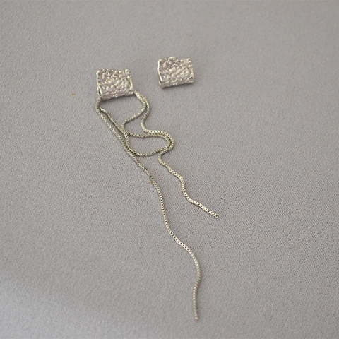 Asymmetric Long Tassel Drop Earrings For Women Niche Minimalist Copper Jewelry Hammered Texture Platinized Minimalist Earrings With 925 Sterling Silver Post