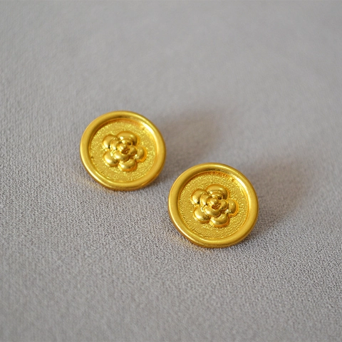 French Vintage Camellia Brass Gold Plated Stud Earrings With 925 Sterling Silver Earring Post Round Floral Jewelry For Women