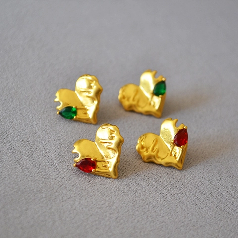 Pendientes de Botón de Corazón Fundido Retro para Mujer Latón Chapado en Oro Circonia Pera Poste de Plata de Ley 925