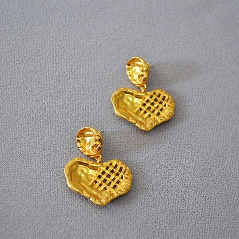 Retro Vergoldetes Kupfer Herz Ohrstecker Für Damen Künstlerisches Geflochtenes Unregelmäßiges Metalldesign Vintage Mode Schmuck Ohrring