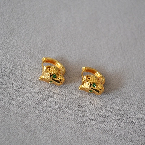 Leopardenkopf Creolen Mit Grünen Augen Gold Vergoldetes Messing Strass Vintage Tier Schmuck Für Damen Party Täglich Accessoire